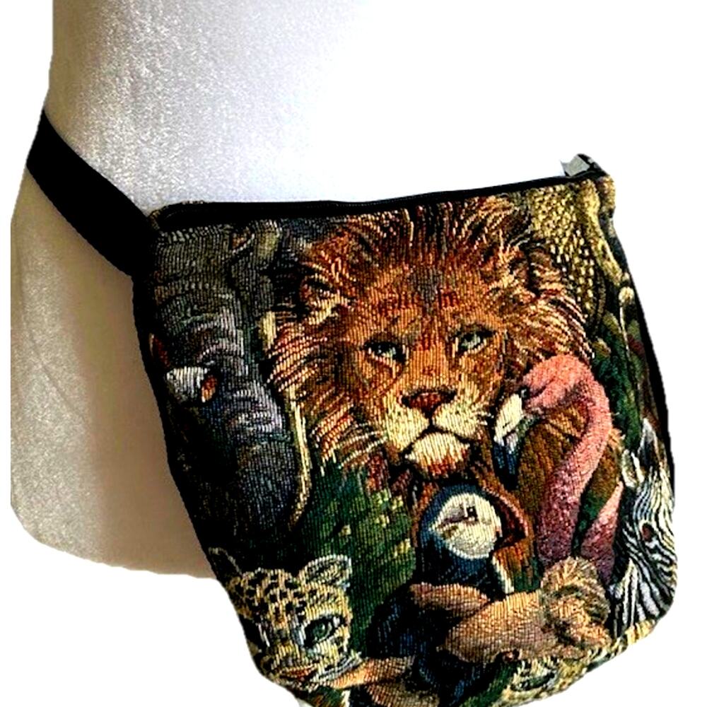 Animal Tapestry Purse Large Bag Fanny Pack Elephants Lions Boho Festival VTG - Picture 5 of 10